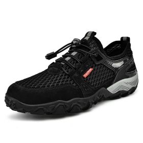 Men's Summer Leather Breathable Outdoor Sports Casual Shoes Non-slip Soft-soled Mesh Surface Hiking Shoes (Option: Black-41)