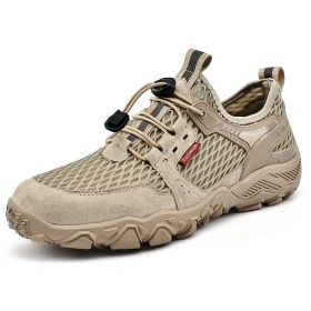 Men's Summer Leather Breathable Outdoor Sports Casual Shoes Non-slip Soft-soled Mesh Surface Hiking Shoes (Option: Khaki-45)
